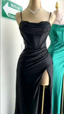 Green Mermaid Satin Spaghetti Straps Long Prom Dress With Split HZ1024