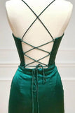 Green Mermaid Satin Spaghetti Straps Long Prom Dress With Split HZ1024
