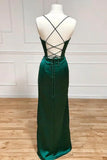 Green Mermaid Satin Spaghetti Straps Long Prom Dress With Split HZ1024