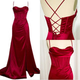 Green Mermaid Satin Spaghetti Straps Long Prom Dress With Split HZ1024