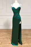 Green Mermaid Satin Spaghetti Straps Long Prom Dress With Split HZ1024