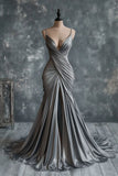 V Neck Silver Spaghetti Straps Satin Long Prom Dress Sexy Evening Dress HZ1024