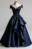 Navy A-Line V Neck Satin Long Prom Dress Simple Applique Evening Dress HZ1024