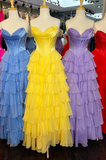 Yellow A-Line Sweetheart Long Tiered Prom Dress with Slit HZ1024