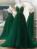 Green A-Line Tulle Lace Long Prom Dress V Neck Lace Formal Evening Dress HZ1024