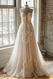 White A-Line Sweetheart Neck Tulle Beaded Long Prom Dress Simple Applique Wedding Dress HZ1024