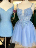 Blue Spaghetti Strap Tulle Beaded Short Prom Dress, Cute Applique Homecoming Dress HZ1024