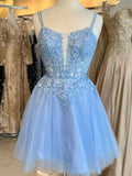 Blue Spaghetti Strap Tulle Beaded Short Prom Dress, Cute Applique Homecoming Dress HZ1024