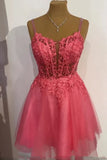 Blue Spaghetti Strap Tulle Beaded Short Prom Dress, Cute Applique Homecoming Dress HZ1024