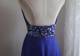 Blue A-Line Halter Chiffon Satin Long Prom Dress V-neck Beaded Birthday Party Dress HZ1024