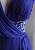 Blue A-Line Halter Chiffon Satin Long Prom Dress V-neck Beaded Birthday Party Dress HZ1024