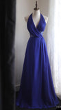 Blue A-Line Halter Chiffon Satin Long Prom Dress V-neck Beaded Birthday Party Dress HZ1024