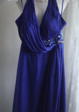 Blue A-Line Halter Chiffon Satin Long Prom Dress V-neck Beaded Birthday Party Dress HZ1024