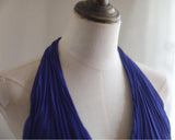 Blue A-Line Halter Chiffon Satin Long Prom Dress V-neck Beaded Birthday Party Dress HZ1024