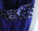 Blue A-Line Halter Chiffon Satin Long Prom Dress V-neck Beaded Birthday Party Dress HZ1024