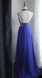 Blue A-Line Halter Chiffon Satin Long Prom Dress V-neck Beaded Birthday Party Dress HZ1024