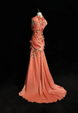 Orange Mermaid V-Neck Satin Beaded Long Prom Dress Sequined Evening Gown HZ1024