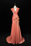 Orange Mermaid V-Neck Satin Beaded Long Prom Dress Sequined Evening Gown HZ1024