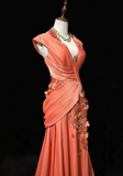 Orange Mermaid V-Neck Satin Beaded Long Prom Dress Sequined Evening Gown HZ1024