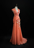 Orange Mermaid V-Neck Satin Beaded Long Prom Dress Sequined Evening Gown HZ1024