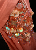 Orange Mermaid V-Neck Satin Beaded Long Prom Dress Sequined Evening Gown HZ1024