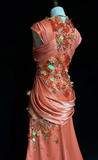 Orange Mermaid V-Neck Satin Beaded Long Prom Dress Sequined Evening Gown HZ1024