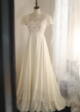 Square Neck Chiffon Lace Empire Dress Long Prom Dress Beaded Wedding Dress HZ1024