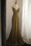 V-Neck Satin Long Prom Dress Elegant Spaghetti Strap Formal Dress HZ1024
