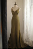 V-Neck Satin Long Prom Dress Elegant Spaghetti Strap Formal Dress HZ1024