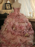 Pink Strapless Satin Tulle Sequin Beaded Diamond Long Ball Gown HZ1024