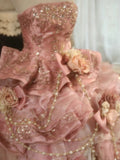 Pink Strapless Satin Tulle Sequin Beaded Diamond Long Ball Gown HZ1024