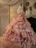 Pink Strapless Satin Tulle Sequin Beaded Diamond Long Ball Gown HZ1024