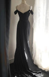 Black Mermaid Spaghetti Strap Satin Diamond Long Prom Dress Simple Evening Dress HZ1024