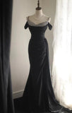 Black Mermaid Spaghetti Strap Satin Diamond Long Prom Dress Simple Evening Dress HZ1024