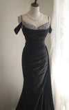 Black Mermaid Spaghetti Strap Satin Diamond Long Prom Dress Simple Evening Dress HZ1024