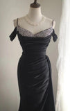 Black Mermaid Spaghetti Strap Satin Diamond Long Prom Dress Simple Evening Dress HZ1024