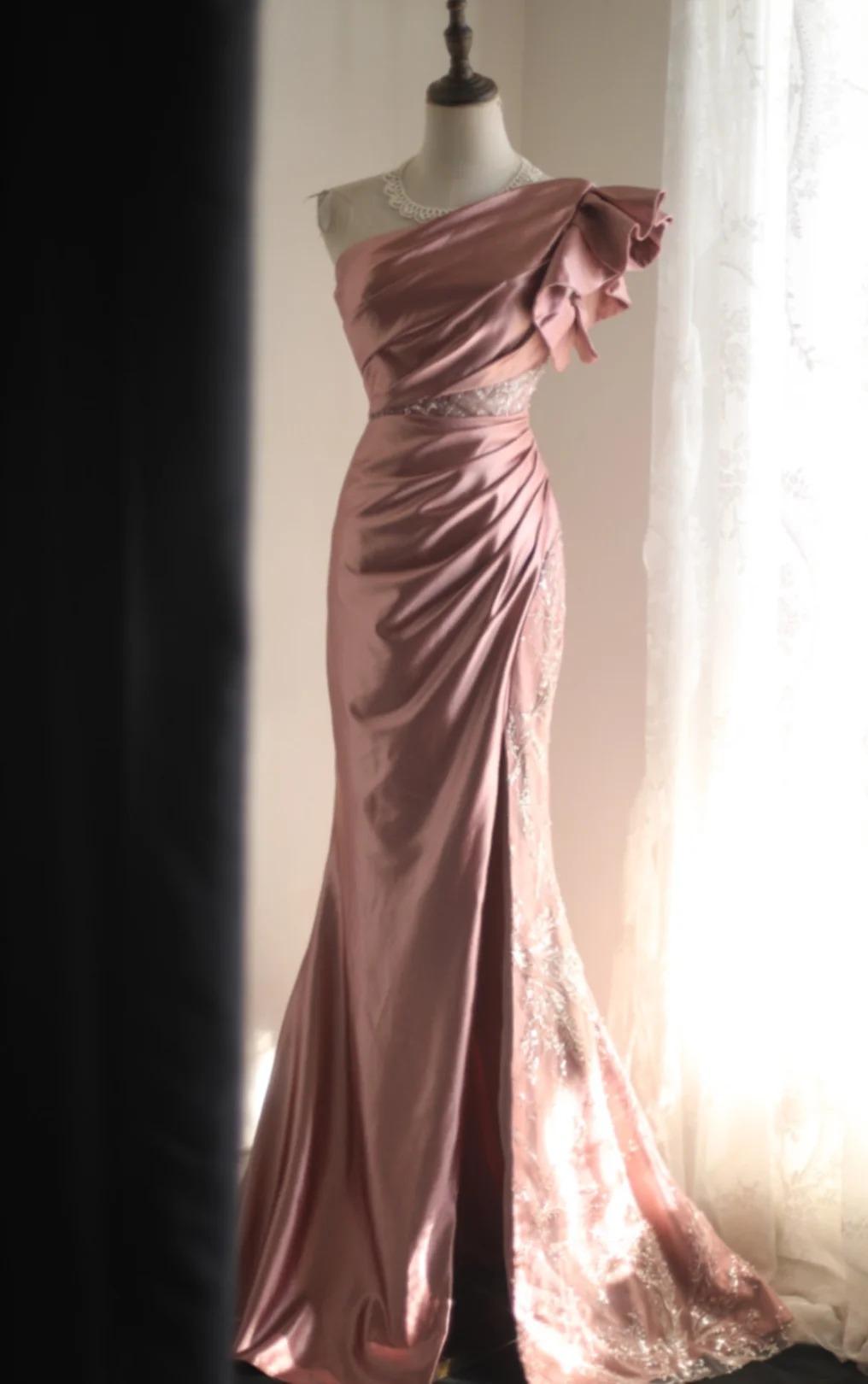 Mermaid One Shoulder Satin Beaded Sequin Long Prom Dress Bridalmaid Dress HZ1024