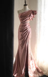 Mermaid One Shoulder Satin Beaded Sequin Long Prom Dress Bridalmaid Dress HZ1024