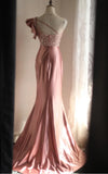 Mermaid One Shoulder Satin Beaded Sequin Long Prom Dress Bridalmaid Dress HZ1024