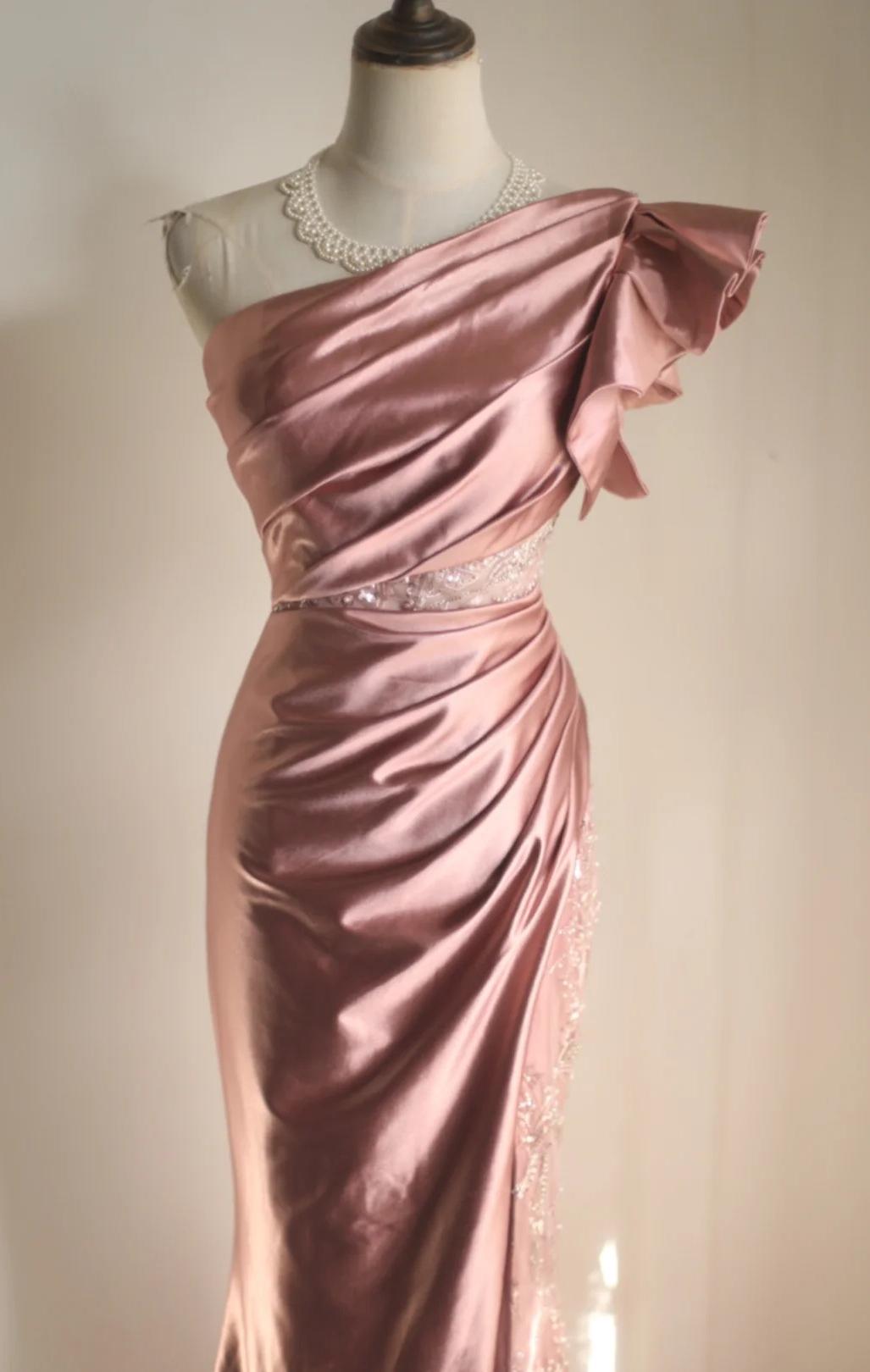 Mermaid One Shoulder Satin Beaded Sequin Long Prom Dress Bridalmaid Dress HZ1024
