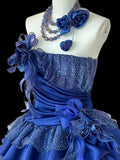 A-Line Strapless Satin Tulle Long Ball Dress Klein Blue 3D Applique Evening Dress HZ1024