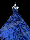 A-Line Strapless Satin Tulle Long Ball Dress Klein Blue 3D Applique Evening Dress HZ1024