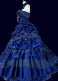 A-Line Strapless Satin Tulle Long Ball Dress Klein Blue 3D Applique Evening Dress HZ1024