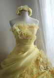 Yellow A-Line Strapless Organza Wedding Dress with Appliques and Rhinestones Long Evening Gown HZ1024