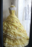 Yellow A-Line Strapless Organza Wedding Dress with Appliques and Rhinestones Long Evening Gown HZ1024