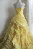 Yellow A-Line Strapless Organza Wedding Dress with Appliques and Rhinestones Long Evening Gown HZ1024
