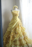 Yellow A-Line Strapless Organza Wedding Dress with Appliques and Rhinestones Long Evening Gown HZ1024