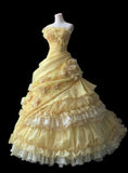 Yellow A-Line Strapless Organza Wedding Dress with Appliques and Rhinestones Long Evening Gown HZ1024