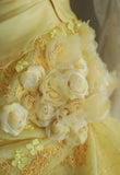Yellow A-Line Strapless Organza Wedding Dress with Appliques and Rhinestones Long Evening Gown HZ1024