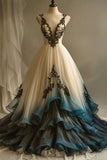 Deep V Neck Tulle Long Prom Dress Embroidered Applique Evening Dress HZ1024